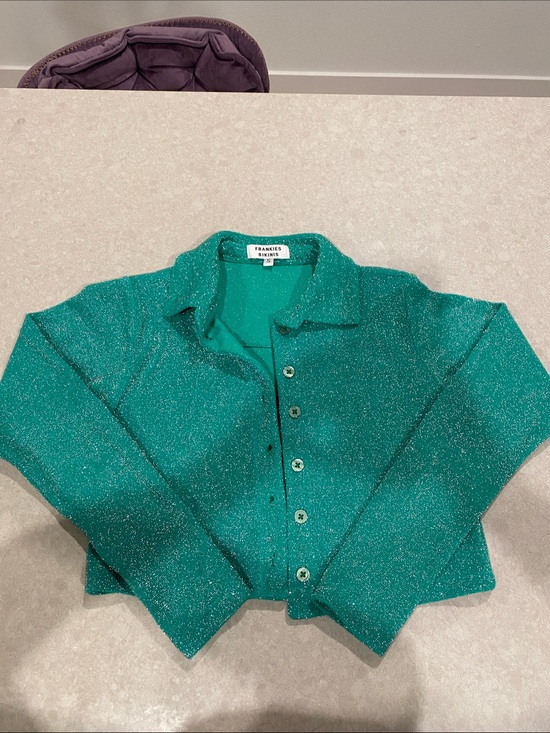 Frankie's Bikinis Sweaters - Frankie's Bikinis Teal Green Sparkle Button-Up Cardigan